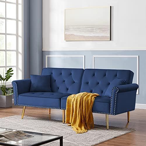 Kakotito Tufted Velvet Sofa Bed Sleeper with 2 Pillows, Luxury Loveseat Couch, Splitback Futon for Living Room & Office, Convertible Futon with Vintage Nailhead Trim and Metal Legs (Blue)