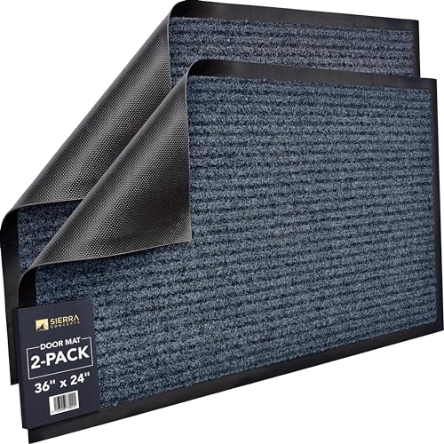 Image of Sierra Concepts 2-Pack Striped Door Floor Mat - Indoor Outdoor Rug 36 inch x 24 inch Large Entryway Welcome Mats with Rubber Backing for Shoe Scraper, Ideal for Inside Outside High Traffic Area, Gray & Black