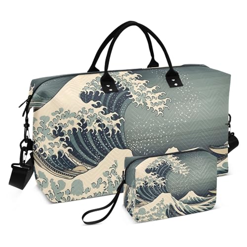 Large Travel Duffel Bag, Blue Waves Sports Tote Gym Bag, Shoulder Weekender Overnight Bag for Women Men, Carry On Luggage with Toiletry Bags