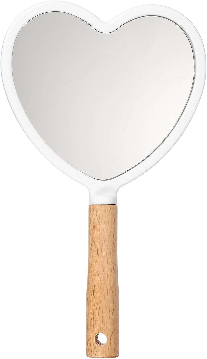 uxcell 1 Pcs Hand Held Mirror, Wood Portable Hand Vanity Mirrors Single Side with Hook Hole for Bathroom, Bedroom, Travel, & Makeup Use, White(Heart)