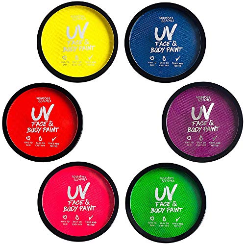 Water Activated UV Black Light Face and Body Paint - 6 Color Pack - Costume, Halloween and Club Makeup - Safe for all Skin Types - Easy On and Off - 18g Cakes - by Splashes & Spills