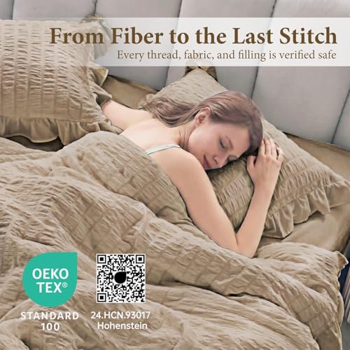 Image of JOLLYVOGUE Khaki Twin /Twin XL Comforter Set, 2 Pieces Seersucker Lightweight Fluffy Bedding Set, Twin Ruffle Comforter, All Season Soft Microfiber Shabby Chic Bed Set