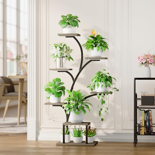 Image of BACEKOLL Plant Stand Indoor with Grow Lights, 7 Tiered Indoor Plant Shelf, 49 inch Corner Plant Stands for Indoor Plants, Metal Plant Flower Display Shelf, Tree-Shaped Plant Rack for Home, Patio, Grey