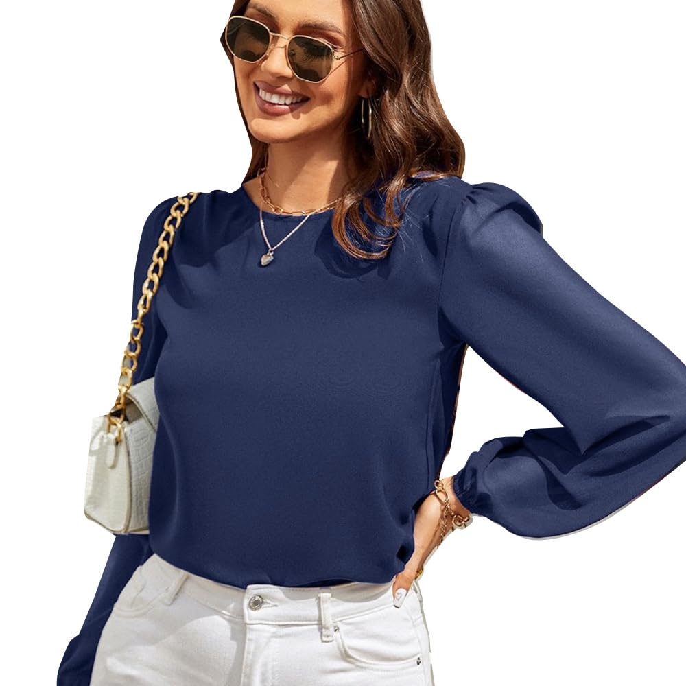 FFWTPY Blusa Elegante de Manga Larga Mujer Casual Camisetas Cuello Redondo Blusas Sueltas de Color sólido Moda Túnica Tops Camisa Fiesta T-Shirt para Primavera Otoño