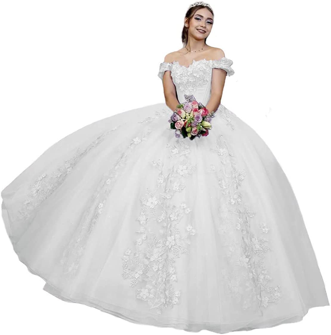 Schulterfreie Quinceanera Spitzenkleider Ballkleid Puffy 3D Blumen Abschlussballkleid Prinzessin Geburtstagskleid