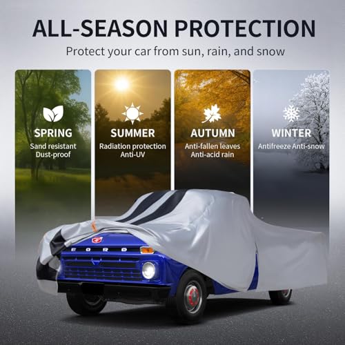 Image of Ford F100 Truck Cover Custom Fit 1953-1983 Regular /Extended /Crew Cab Short(6.4'-8.5') with Door Zipper, 10 Layers Outdoor Pickup Truck Cover Waterproof All Weather, Wind Dust Sun Protector.