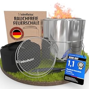 Heimfleiss® Rauchfreie Feuerschale Edelstahl Ø50cm | Feuerkorb mit Grillrost | Feuerschale Rauchfrei für Garten, Camping, Balkon & Terrasse | Rauchfreie Feuerstelle mit Grill | Feuertonne ohne Rauch