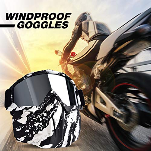 BOLLFO Motorcycle Goggle Mask,Protective Glasses with Detachable Mask for Cycling,Skiing,Paintball,Riding,Snowmobile,Halloween Adjustable Windproof Outdoor Anti-Fog Face Mask (White & Black Frame)