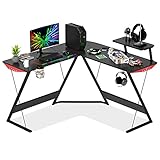 LIVHOOU Gaming-Schreibtisch, L-förmiger Eck-Computertisch, Computer-Workstation, große Karbonfaser-Oberfläche mit Monitorständer, Getränkehalter, Kopfhörerhaken, schwarz (130 x 130 x 76 cm)