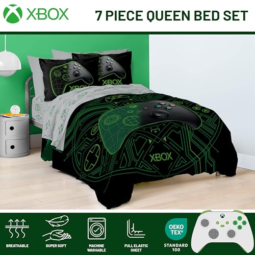 Image of Jay Franco Kids Comforter Set Includes Sheets and Pillow Covers - Soft and Cozy Bed Set for Stylish Room Decor, Official Licensed Product, White - Xbox, 7 Piece Queen