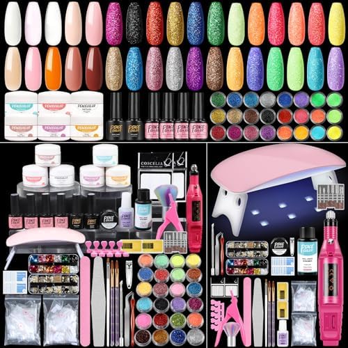 Peacecolor Acrylic Nail Kit with Drill 6 Colors Professional Acrylic Powder 4 Colors Gel Nail Polish Set with Everything for Beginners U V Light 24Pcs Glitter Decoration Powder Home Salon DIY