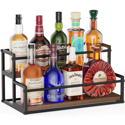 THYGIFTREE Liquor Bottle Display Shelf 2 Tier Rack Holder Bar Shelf Stand for Wine Whiskey Risers Organizer Kitchen Countertop