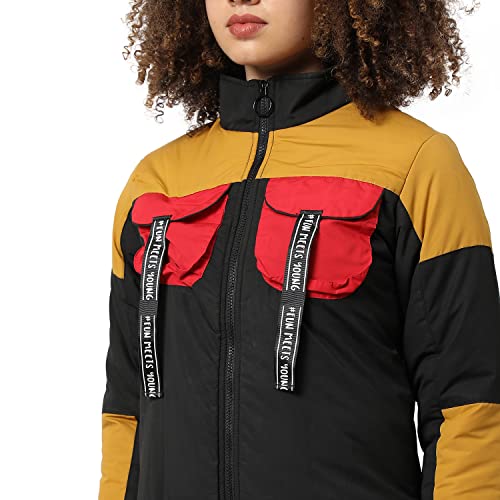 Image of Campus Sutra Women Mustard & Black Multicolour Puffer Regular Bomber Jacket For Winter Wear | Low-Cut Standing Collar | Full Sleeve | Zipper | Casual Jacket For Woman & Girl