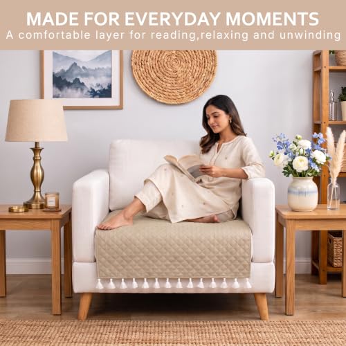 Image of BSB HOME 300 TC Premium Sofa Cover, Quilted Sofa Seat Cover with Decorative Tassels, Soft Comfortable Couch Protector, Stylish Furniture Cover for Living Room, 30 x 24 Inches (76 x 61cm) - Warm Beige