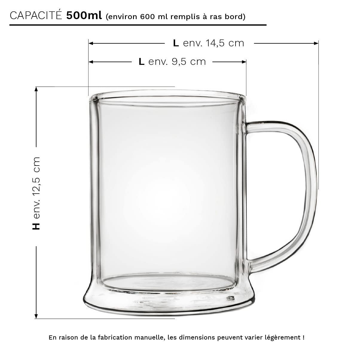 Creano Lot de 4 Verres à Bière Double Paroi 500 ml – Verres Isothermes Modèles Hauts en Borosilicate pour Bière de Blé & Longdrinks