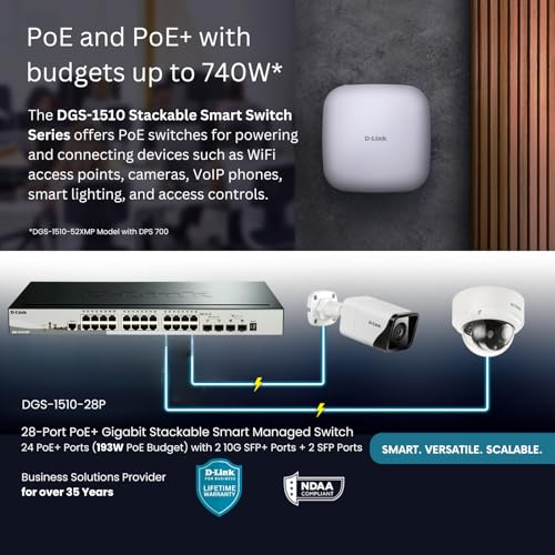 Image of D-Link 28-Port Gigabit Stackable Smart Managed PoE+ Switch 10G Uplinks | 24 PoE+ (193W) 2 10GbE SFP+ 2 SFP Ports| L2+ /L3 Lite |VLANs |Web Managed |Surveillance Mode | NDAA Compliant (DGS-1510-28P)