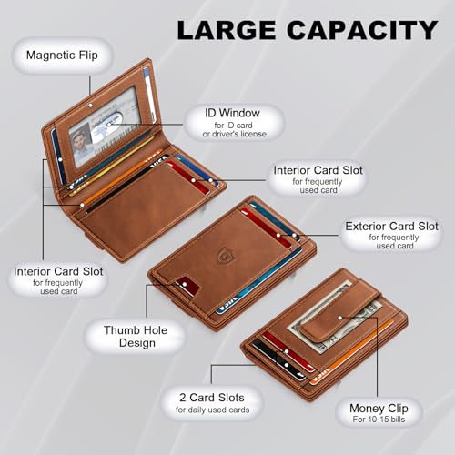 Image of Wallet for Men 14-16 Cards, Men's Leather Wallet, Minimalist Thin Card Holder RFID Blocking Money Clip with Simplified Bill Folder & Magnetic Closure, Gifts for Men, Brown