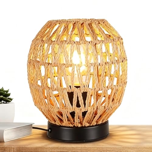 GOMETY LED Tischlampe Rattan, Boho Nachttischlampe, Rattan...