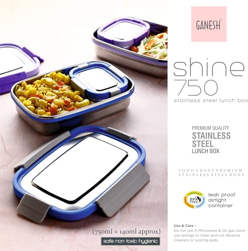 Ganesh Shine Stainless Steel Airtight Leak-Proof Lunch Box for Office, School, Picnic - 750ml -Color May Vary (Image - 7)