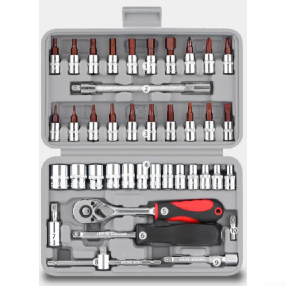 Set de Herramientas Mecánica 40 Unidades Carraca 72 Dientes Llaves Tubulares para Mantenimiento Coche Extensión Incluida Plástico 20x12.5cm(40set)