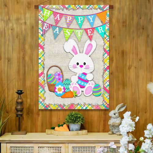 Surfapans Happy Easter Bunny House Flag 28X40 Inch Double Sided Outside Burlap Easter Rabbit Eggs Outdoor Large Yard Flags Porch Home Holiday Decoration #TOP3