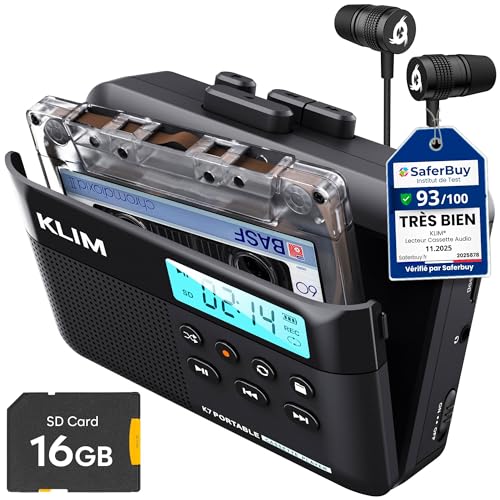 Cassette Player KLIM K7 - Lecteur Cassette Audio - Convertisseur Audio en MP3 - Microphone et Haut-Parleur intégrés - Batterie Rechargeable - Ecouteurs -...