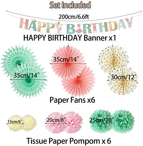 Easy Joy Birthday Party Decoration Happy Birthday Banner Tissue Paper Fans Pom Poms for Baby Shower Backdrop Hanging Decoration, Mint Green Cream Pink Color