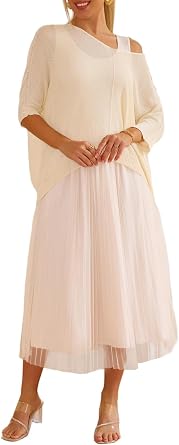 Joyfunear Womens Eye-catching Knit Top and Tank Mesh Maxi Long Dress Set 3/4 Sleeves Two Piece Set Outfit