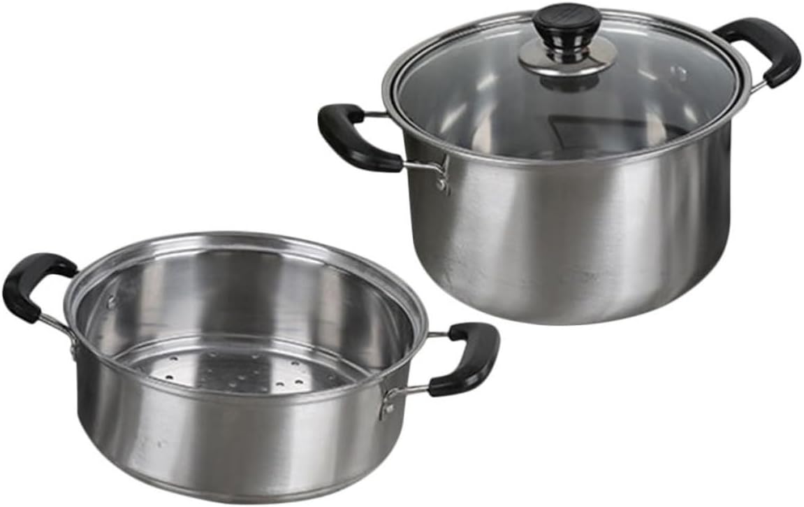Garneck Stainless Steel Steam Pot with Steamer Basket, Sturdy Cooking Saucepot for Noodles and Hot Pot, Easy to Use and Sturdy Construction, Silver Kitchen Steamer Cookware