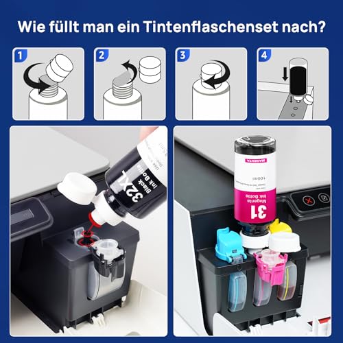 Denvoer 31 32XL Tinte Kompatibel mit HP 32XL HP 31 Tinte und HP Smart Tank 5105 Tinte für hp smart Tank 7305 7005 7308 7605 5106 5107 und Smart Tank Plus 455 515 555 559 580 655 Drucker (4 Flaschen)