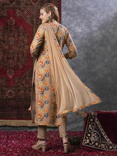 Image of GoSriKi Women's Cotton Blend Printed Straight Kurta and Pant with Dupatta Set
