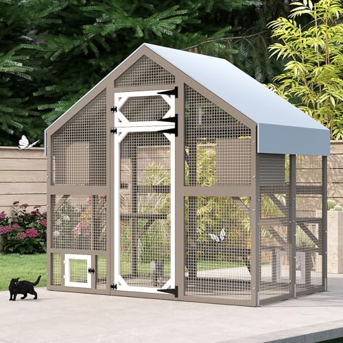 71' H Catio Outdoor Cat Enclosure Weatherproof, Large Walk-in Cat House Attached Window for Multiple Cats, Waterproof Cat Cage Kitty Enclosure Outside with 2 Condos, 6 Platforms