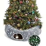 LUCKITTY Cat Tunnel Bed Under Christmas Tree with Plush Ball Toy Playground Crinkle Collapsible Self-Luminous Flannel Fabric 3FT for Large Cats Kittens Kitty Small Animals Puppy Grey Moon Star