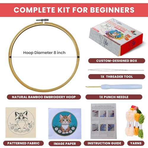 Eflin Punch Needle Kits Adults Beginner - Needlepoint Kits for Adults, Cute Cat & Daisy Pattern, Natural Bamboo Hoop, Yarns, Tools, Craft Kits for Beginners, Rare Gift for Crafts, Decors, Festivals