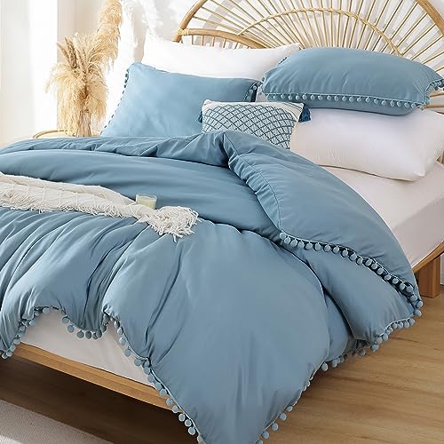 YIRDDEO King Size Comforter Set - King Size Comforter with Ball Pom Fringe, Soft King Bedding Set for All Seasons - 3 Pieces, 1 Comforter (104"x90"inches) & 2 Pillow Shams(20"x36"), Dusty Blue