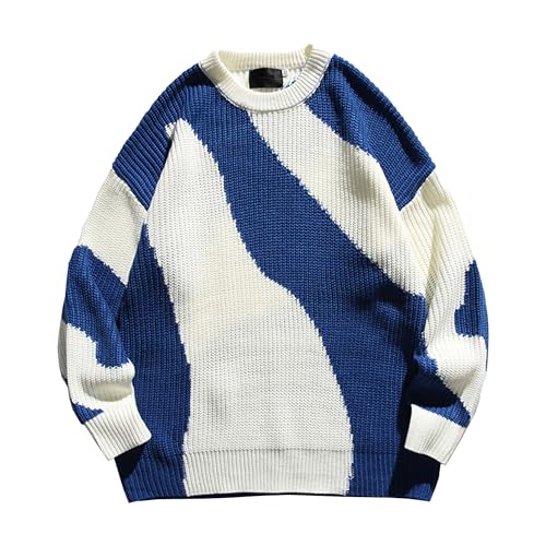 Mens Loose Knitted Sweater Casual Pullovers Male Long Sleeve Sweaters Round Neck Graphic Knit Pullover
