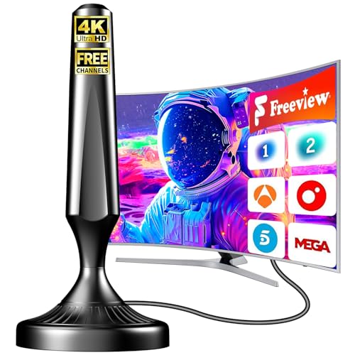 Antena TV Digital Interior 2025, Recepción 360° Estable de hasta 480 km, Compatible con Smart TV, 4K y 1080P, Base Magnética y Cable Coaxial de 5 m, Antena TDT para Canales Freeview y Locales