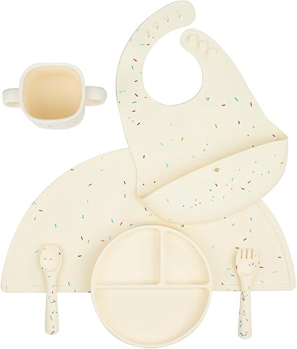 6 piezas de silicona para bebé, suministros de alimentación de destete con placa de succión dividida, mantel individual, babero, taza, tenedor,
