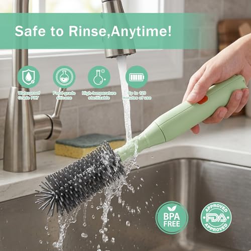Image of Electric Bottle Brush Cleaner, Rechargeable Electric Baby Bottle Brush Cleaner with 2 Speeds, Silicone Bottle & Straw Brush, Waterproof Portable Baby Bottle Cleaner Kit for Travel & Home, Green