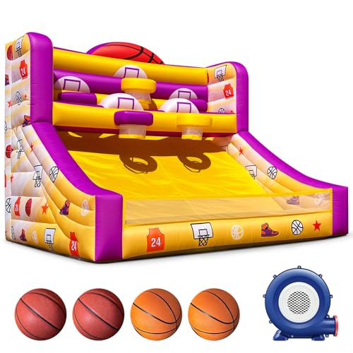 Wellcomer 13x10x10 Ft Inflatable Basketball Hoop Shot with Blower, 5 Hoops, 4 Balls, Portable Inflatable Basketball Game Ideal for Organized Events, Carnivals, Birthday Parties, Festivals