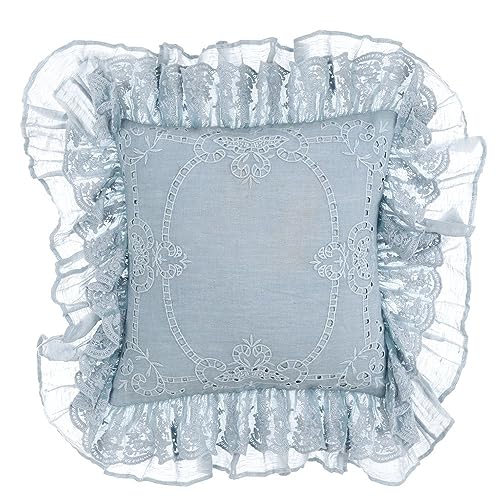  Blanc Mariclò Cuscino arredo Quadrato Ricamato Dentelle in Lino Azzurro con Gala in Pizzo, Classico Shabby Chic 40x40 cm