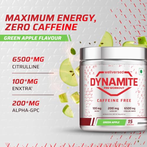 Image of Wellversed Dynamite Caffeine Free Pre Workout For Men (15 Servings, Green Apple) For Focus & Energy Boost With 6500mg Citrulline Complex | Preworkout Supplements For Men - 195g