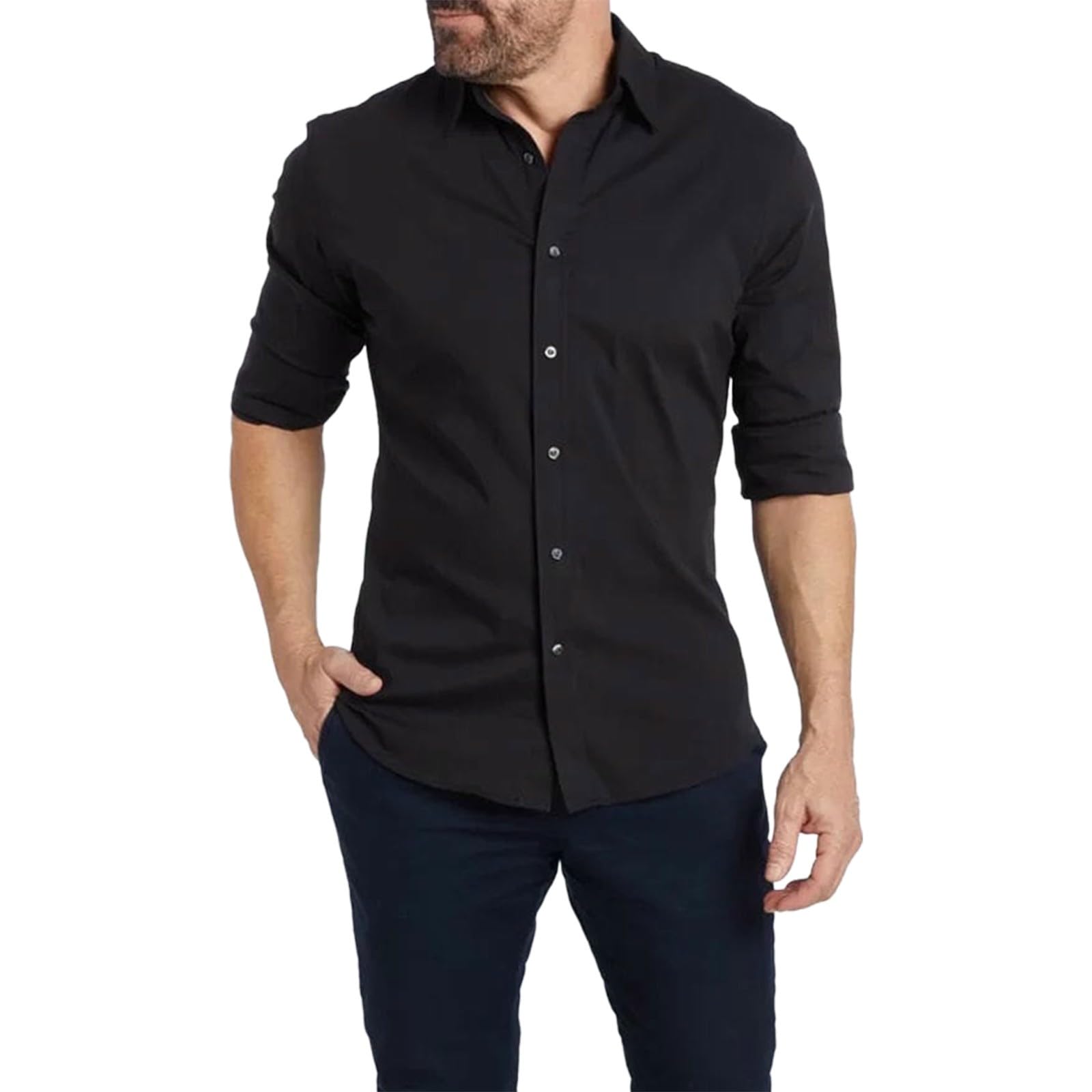Chemise Homme Sans Repassage Extensible – Coupe Ajustée, Col à Bandes – Pour Bureau, Mariage, Soirée (Noir, Taille M) - 9