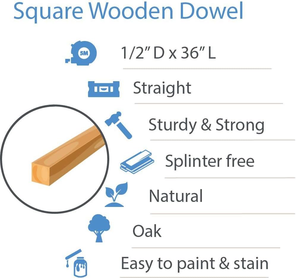 Oak Wood Square Dowel Rods, 1/2 inch x 36, Pack of 25 Red Oak Dowel Rods, Sticks for Crafts and Woodworking, by Woodpeckers