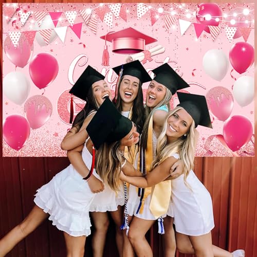 Image of AIBIIN 7x5ft Congrats Grad Backdrop Graduation Decorations 2026 Pink Gold Glitter Balloons Congratulations Graduation Party Decorations Background for Photography Party Supplies