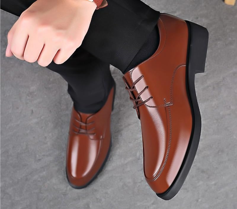 Dress Oxford Shoes for Men Lace Up Round Toe Vegan Leather Apron Toe Derby Shoes Anti-Slip Slip Resistant Rubber Sole Block Heel Prom(Brown,9)4