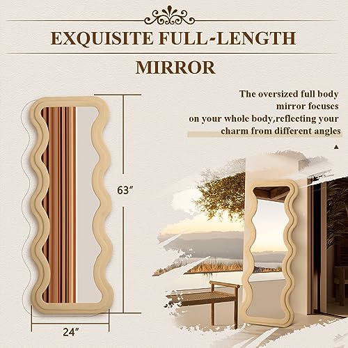 Image of Full Length Mirror 63 inchx24 inch Irregular Wavy Mirror with Flannel Wrapped Wood Frame Floor Mirror for Living Room, Bedroom Hanging or Leaning Wall-Mounted, Milk Teal
