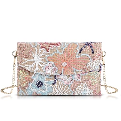 Image of Clutch Purses for Women, Envelope Package, Sequin Embroidered Flowers Straw Bag, Bohemian Handmade Handbags