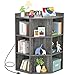 Aheaplus Corner Cabinet, Corner Storage with USB Ports and Outlets, Corner Cube Toy Storage for Small Space, Wooden Cubby Bookshelf with 9 Cubes for Playroom, Bedroom, Living Room, Grey Oak