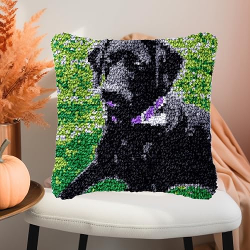 Image of Black Dog Labrador DIY Latch Hook Pillow Kit for Adults Throw Pillow Cover with Printed Canvas Crochet Yarn Needle Craft Handmade Cushion for Home Sofa Decoration 43x43cm